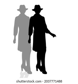 mysterious woman silhouette vector with elegant hat on white background and shadow