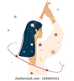 Mysterious woman Vector Space in white dress illustration. Flat style Female character. Astrology, spiritual and occultism elements in hair. Celestial cosmic designMysterious woman Vector illustration