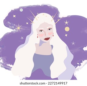 La misteriosa mujer Vector Space en la ilustración de vestimenta blanca. Estilo plano Carácter femenino. Astrología, elementos espirituales y de ocultismo en el cabello. Patrón cósmico de estrellas planetarias.pelo rubio 