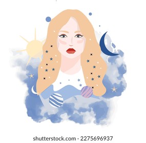 La misteriosa mujer Vector Space en la ilustración de vestimenta blanca. Estilo plano Carácter femenino. Astrología, elementos espirituales y de ocultismo en el cabello. Diseño cósmico celestialIlustración del vector mujer misteriosa