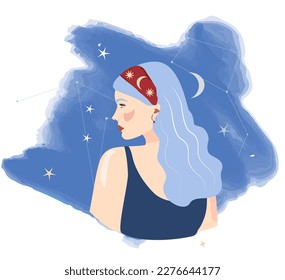 Mysterious woman Vector Space in white dress illustration. Flat style Female character. Astrology, spiritual and occultism elements in hair. Celestial cosmic designMysterious woman Vector illustration