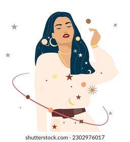 Mysterious woman Vector Space in white dress illustration. Flat style Female character. Astrology, spiritual and occultism elements in hair. Celestial cosmic designMysterious woman Vector illustration