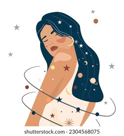 Mysterious woman Vector Space in white dress illustration. Flat style Female character. Astrology, spiritual and occultism elements in hair. Celestial cosmic designMysterious woman Vector illustration