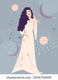 Mysterious woman Vector Space in white dress illustration. Flat style Female character. Astrology, spiritual and occultism elements in hair. Celestial cosmic Mysterious woman Vector illustration