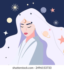 Espacio de Vector de mujer misteriosa en ilustración de vestido blanco. Estilo plano Carácter femenino. Elementos de astrología, espirituales y ocultismo en el cabello. Diseño cósmico celestialIlustración vectorial de mujer misteriosa