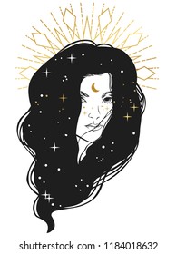 Mysterious woman's portrait with stars in her hair. Vector hand drawn illustration