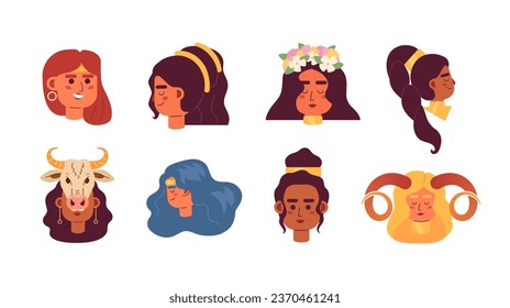 Mysterious women semi flat colour vector character heads pack. Multinational faces. Colorful avatar icons. Editable cartoon style emotions. Simple spot illustration bundle for web graphic design