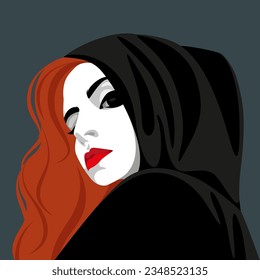 Mysterious young redhead woman with full red lips wearing black cowl looking back over her shoulder against dark background, vector illustration