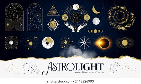 Misteriosa colección de signos y símbolos zodiacales y astronómicos relacionados con el movimiento de estrellas, planetas y el espacio-tiempo.