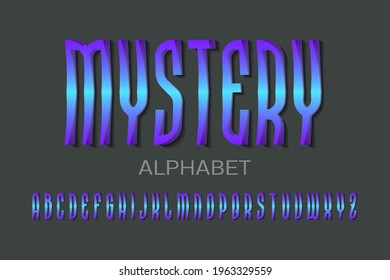 Mystery alphabet of cartoon high blue purple 3d letters. Volumetric artistic font. Isolated english alphabet.