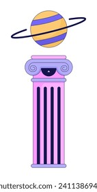 Mystery ancient column ring planet 2D linear cartoon object. Greek pedestal universe Saturn isolated line vector element white background. Cosmos deep space pillar color flat spot illustration