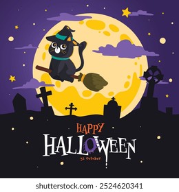 Mystery Black Cat Flying on Witch Broomstick under Full Moon in Spooky Halloween Night Over Graveyard, Vector, Illustration