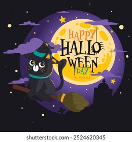 Mystery Black Cat Flying on Witch Broomstick under Full Moon in Spooky Halloween Night Over Graveyard, Vector, Illustration