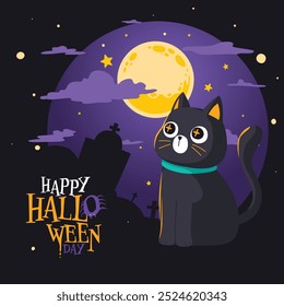 Mystery Black Cat Sitting under Full Moon in Spooky Halloween Night in Graveyard, Vector, Illustration