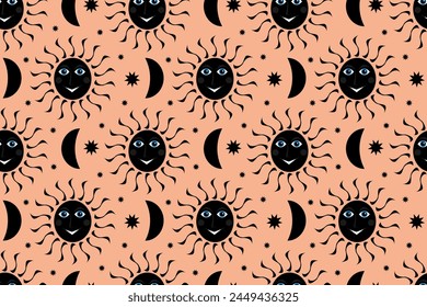 Mystery black sun, moon, face, stars, sky, magic, emotions, smile, esoteric, tarot. Seamless vector pattern for design and decoration. 