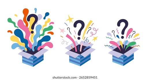 Caixas cegas misteriosas repletas de confetes coloridos e pontos de interrogação definidos, presentes surpresa ou recompensas desconhecidas. Moderna ilustração vetorial isolado no fundo branco, desenhado à mão, design plano
