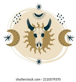 Mystery bohemian. Magic composition with flowers, animal skull, plants