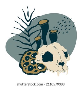 Mystery bohemian. Magic composition with flowers, animal skull, plants