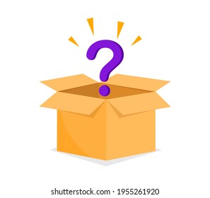 Concepto de caja misteriosa. Caja de cartón abierta con un signo de interrogación. Caja con sorpresa dentro. Ilustración vectorial.