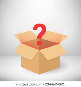 Mystery box concept. Opened cardboard box with a question mark. Box with surprise inside. Lucky prize present surprise secret. Mystery box gift question icon. Vector illustration