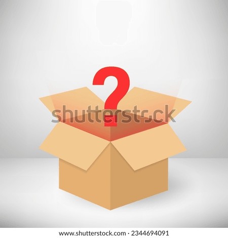Mystery box concept. Opened cardboard box with a question mark. Box with surprise inside. Lucky prize present surprise secret. Mystery box gift question icon. Vector illustration