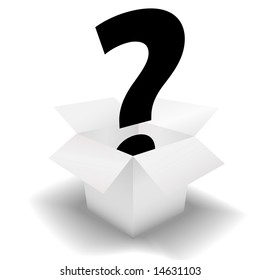 Mystery Box - deliver a question mark symbol in a clean white open carton.