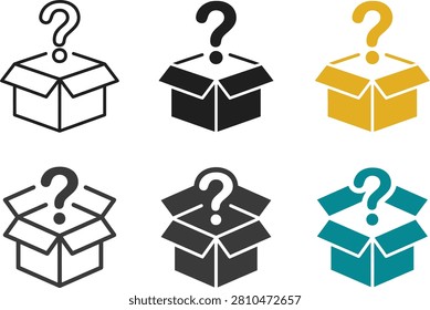Mystery box icons, question mark, surprise gift, unknown item, open box, black, yellow, teal colors.