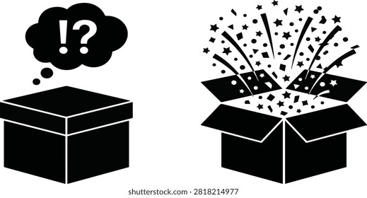Mystery box icons with surprise elements, open gift silhouettes, curiosity concept design, celebration confetti bursting, unexpected discovery creative illustration