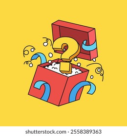 Mystery box illustration with a box opening to reveal a question mark in cartoon retro hand drawn style vector design perfect for to mystery boxes or surprise offers