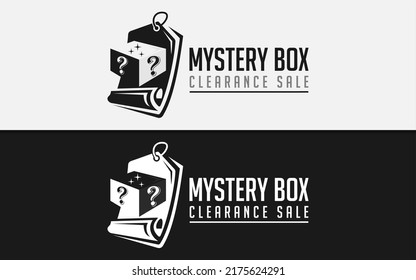 Mystery Box Logo Design with Black Mysterious Box and Tag Sale Combination Style Concept.