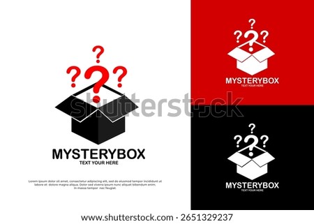 Mystery Box logo: an open box with question marks. Represents surprise, hidden contents, or unknown items.