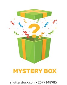 Mystery box. Open container with confetti, question sign, wrapping cardboard package with ribbon, magic present, shopping offer, giveaway, cartoon flat style isolated vector concept