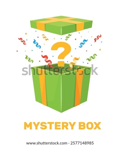 Mystery box. Open container with confetti, question sign, wrapping cardboard package with ribbon, magic present, shopping offer, giveaway, cartoon flat style isolated vector concept