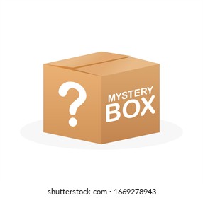 Mystery box. Packaging for concept design. Surprise present. Package design. Help symbol. Question mark icon. Vector stock illustration.