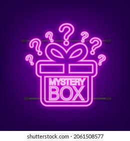 Mystery box. Packaging for concept design. Surprise present. Package design. Help symbol. Neon icon. Vector stock illustration