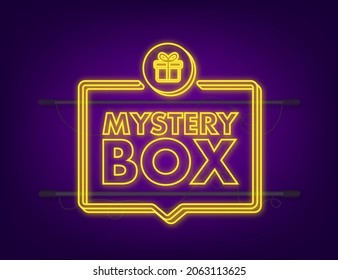 Mystery box. Packaging for concept design. Surprise present. Package design. Help symbol. Neon icon. Vector stock illustration