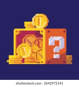 mystery box pixel art filled with coins, vector illustration on isolated background