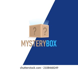 Mystery box with question sign logo design. Gift box with secret vector design. Unknown surprise inside with glowing light logotype