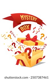 Mystery box, Surprise box on a white background. Question Signs, Serpentine and colorful confetti flew out opened gift box wrapped by red bow. Happy birthday, or Christmas Secret present Surprise box.