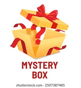 Mystery box, Surprise box on a white background. Question Signs, Serpentine and colorful confetti flew out opened gift box wrapped by red bow. Happy birthday, or Christmas Surprise box.