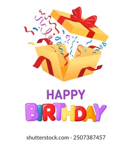 Mystery box, Surprise box standing on podium against red. Serpentine and colorful confetti flew out opened gift box wrapped by red bow. Happy birthday, or Christmas Secret present Surprise box.