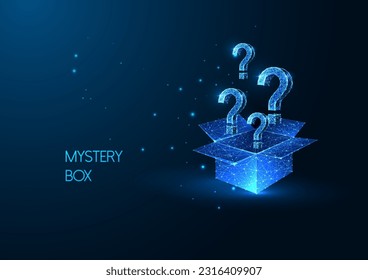 Mystery box, surprise, uncertainty futuristic concept with open box and question marks in glowing low polygonal style on dark blue background. Modern abstract connection design vector illustration.