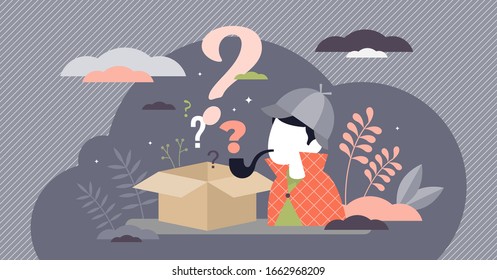 Mystery box wonder concept, flat tiny person vector illustration. Detective work by solving challenging riddle. Confused man searching for answers. Uncertain outcome and right decision challenge.