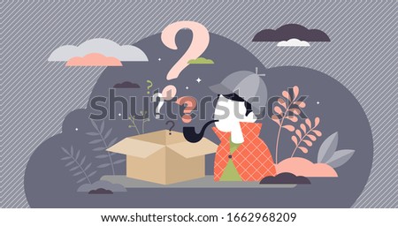 Mystery box wonder concept, flat tiny person vector illustration. Detective work by solving challenging riddle. Confused man searching for answers. Uncertain outcome and right decision challenge.