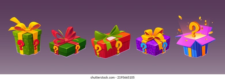 Mystery boxes, secret gifts with surprise. Signs of prize with question mark. Concept of unknown presents, parcels with ribbon bow and open box with magic light and gold confetti, vector cartoon set