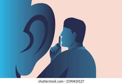 Mystery, business secret, silent shhh gesture to ear, business concept illustration