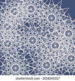 Mystery Calm Pastel Indigo Vintage White Silver Light Pattern. Ornamental Chaotic Blue Lace Folk Print Stars Luxury Illustration. Dark Cold Ice Winter Complicated Mandala Frost Grey Background.