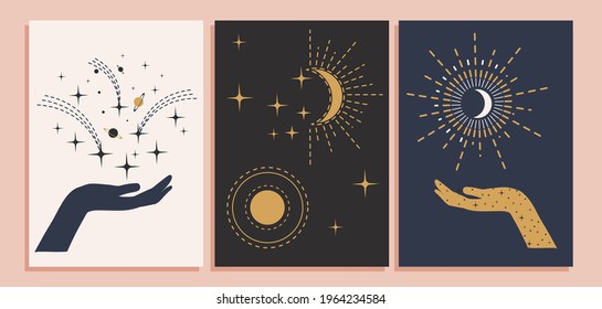 Mystery card set. Hand drawn mystical design templates with hands, stars, moon and sun. Gold, white, black and blue Mysterious celestial designs for stories, social media, cards etc. Vector illustration