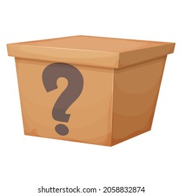 Mystery cardboard box with question, closed present in cartoon style isolated on white background. Funny lucky package, greeting.