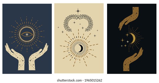 Mystery cards set. Hand drawn mystical design templates with hands, stars, moon, sun. Set of Mysterious celestial designs for stories, social media, cards etc. Vector illustration